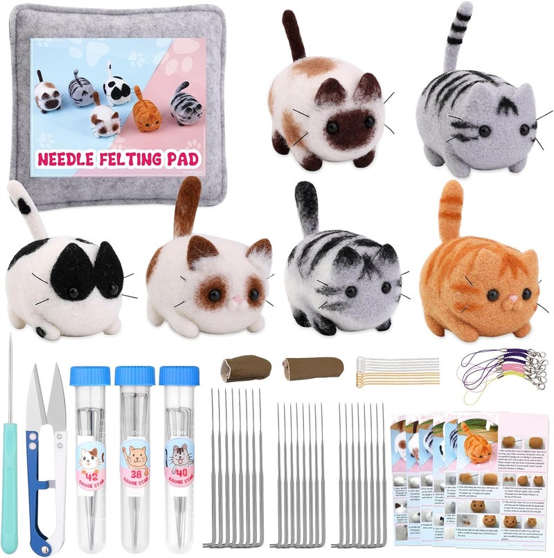 UOOU Needle Felting Beginners Kit with Box,Needles Felting Supplies with 24Pcs Felting Needles,Felting Pad,Wool Roving,DIY Needle Felting Cat Dolls - Image 1